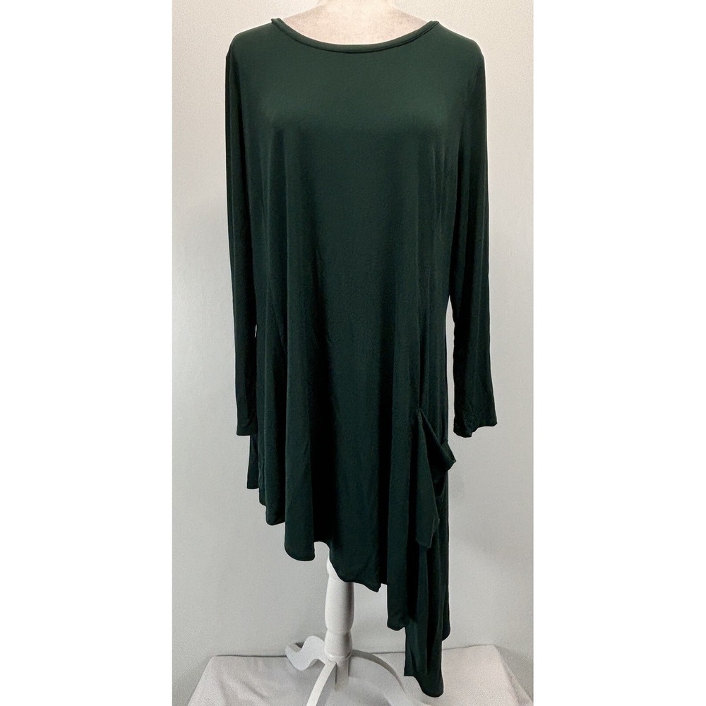 Ic By Connie K Tunic Top Shirt Sz 1X Plus Dark Green Lagenlook Asymmetric Hem